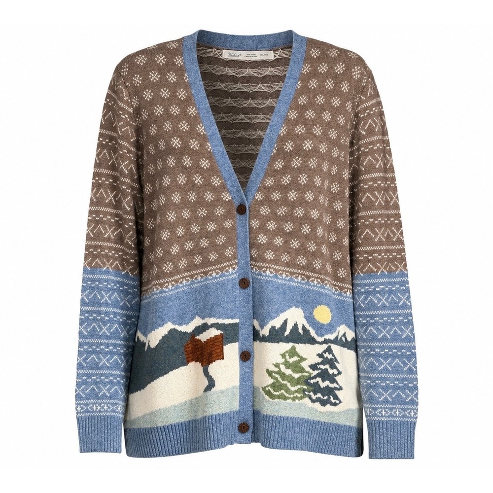 Woolrich Lambswool Alpine Scenic Cabin Mountain Cardigan Sweater Fair Isle XXL